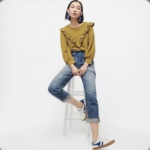 J Crew Honeycomb Ruffle Trimmed Blouse in Cypress Olive Small